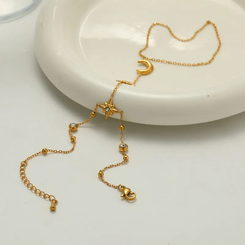 Sun Star Moon Vacuum Plating (In Furnace) 304 Stainless Steel Zircon Plated 18K Real Gold Lobster Clasp Cable Chain/Cross Chain/O Chain Bracelet For Women