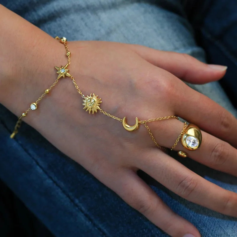 Sun Star Moon Vacuum Plating (In Furnace) 304 Stainless Steel Zircon Plated 18K Real Gold Lobster Clasp Cable Chain/Cross Chain/O Chain Bracelet For Women