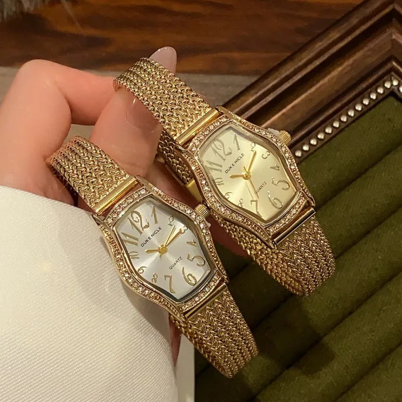 Sunlifex Gold Barrel Shaped Digital Women's Watch With Quartz Movement Vintage Style Wheat Ear Strap Luxury Timepiece