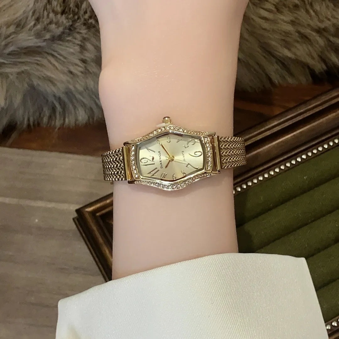 Sunlifex Gold Barrel Shaped Digital Women's Watch With Quartz Movement Vintage Style Wheat Ear Strap Luxury Timepiece