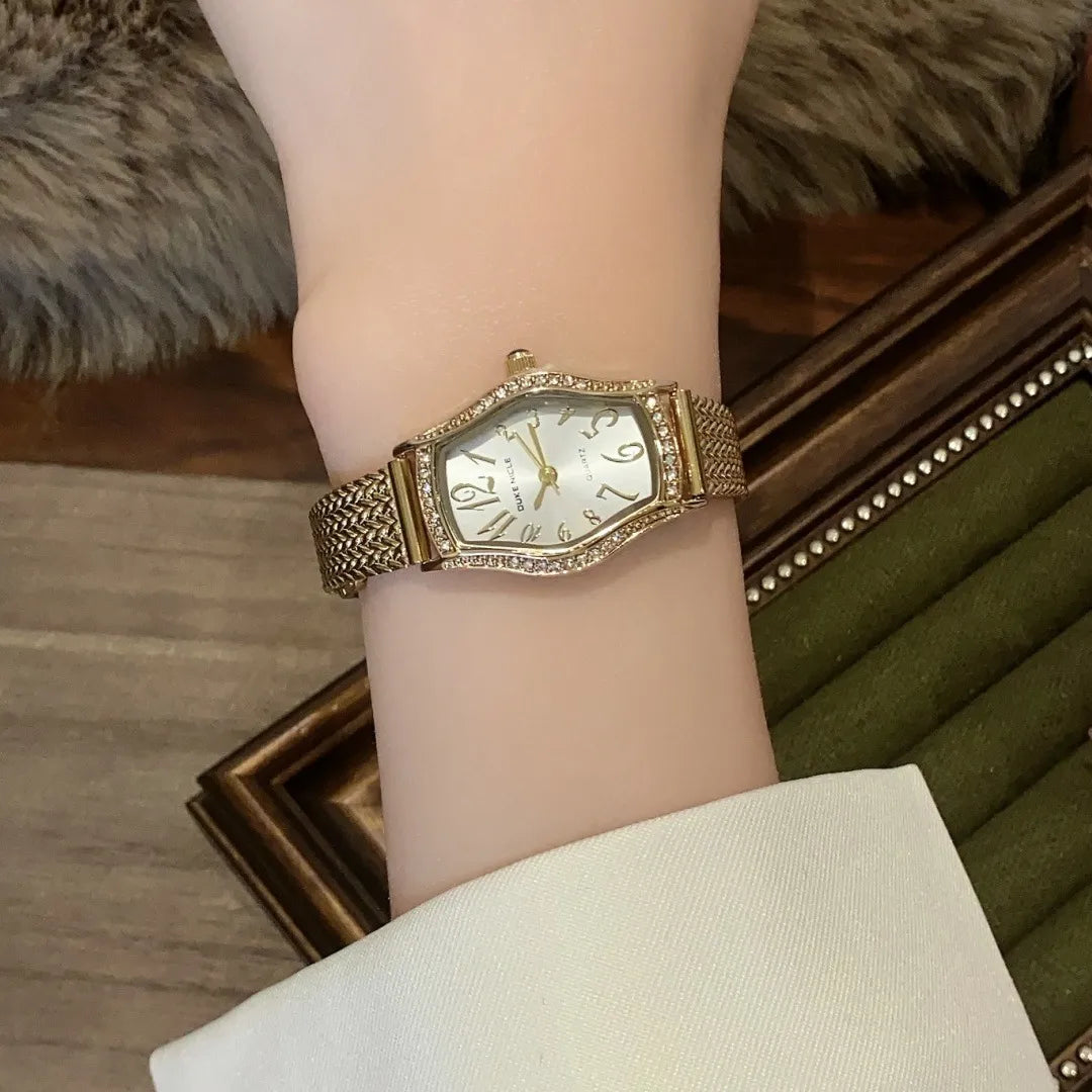 Sunlifex Gold Barrel Shaped Digital Women's Watch With Quartz Movement Vintage Style Wheat Ear Strap Luxury Timepiece