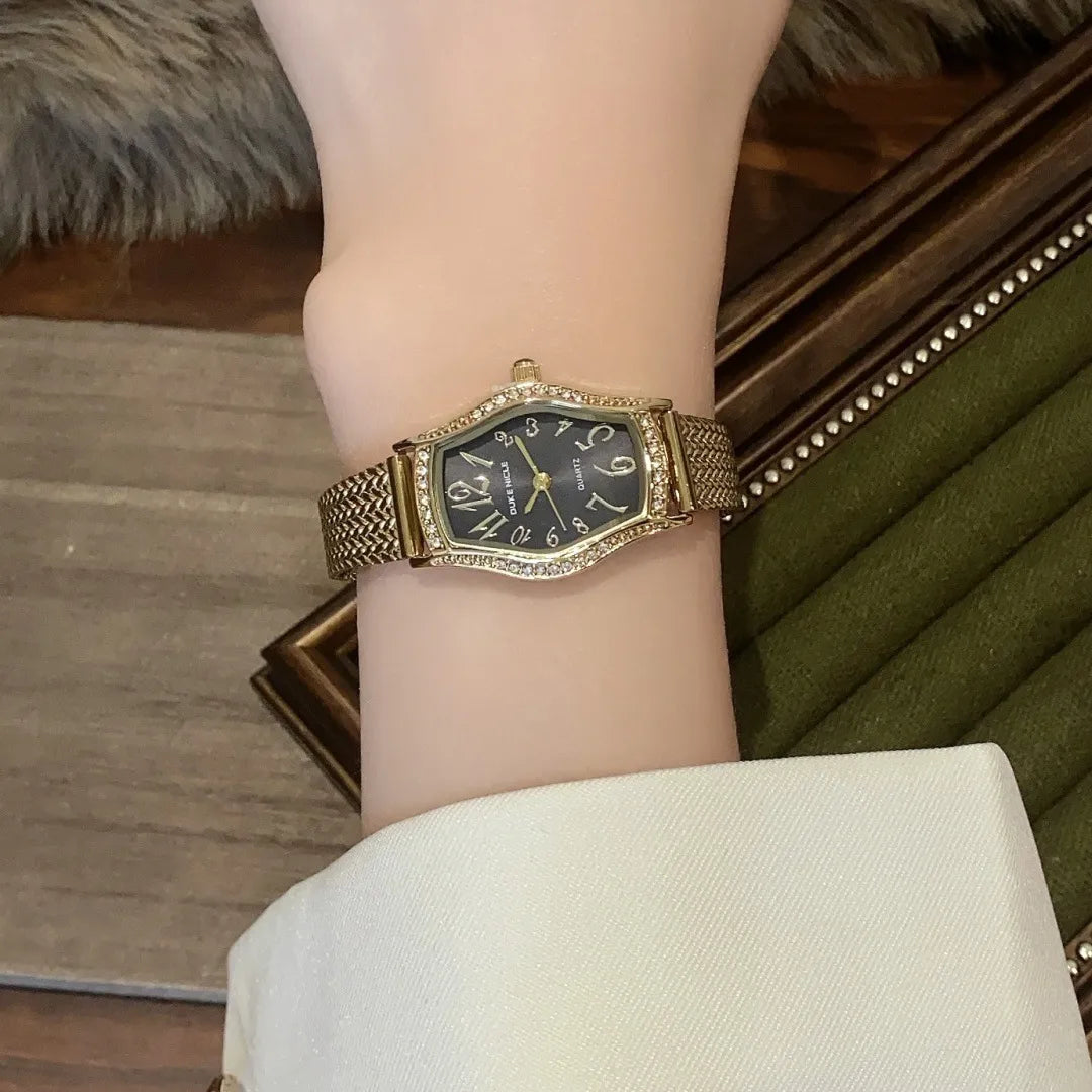 Sunlifex Gold Barrel Shaped Digital Women's Watch With Quartz Movement Vintage Style Wheat Ear Strap Luxury Timepiece