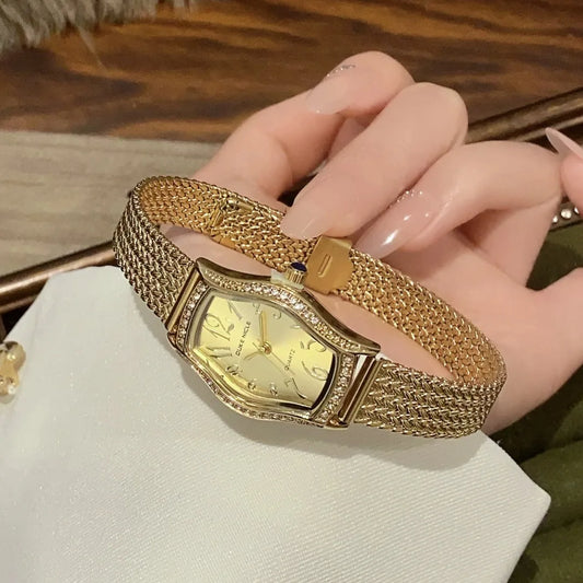 Sunlifex Gold Barrel Shaped Digital Women's Watch With Quartz Movement Vintage Style Wheat Ear Strap Luxury Timepiece