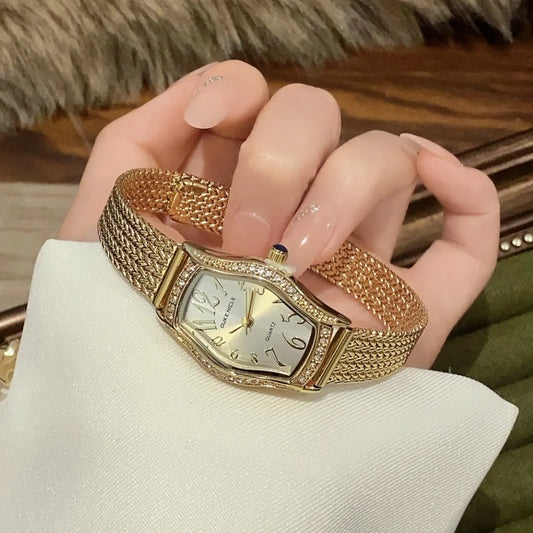 Sunlifex Gold Barrel Shaped Digital Women's Watch With Quartz Movement Vintage Style Wheat Ear Strap Luxury Timepiece