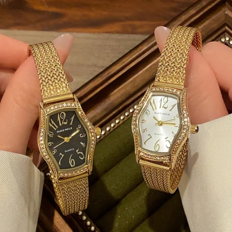 Sunlifex Gold Barrel Shaped Digital Women's Watch With Quartz Movement Vintage Style Wheat Ear Strap Luxury Timepiece