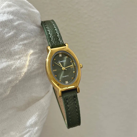 Sunlifex Small Dial Oval Shape Quartz Watch For Women Vintage Style Fashionable Compact Size Women's Watch Ultra-Fiber Strap