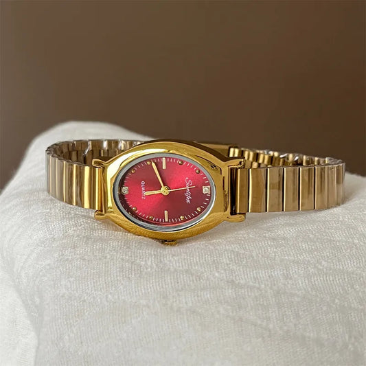 Sunlifex Small Dial Oval Shape Quartz Watch For Women Vintage Style Fashionable Compact Size Women's Watch Ultra-Fiber Strap