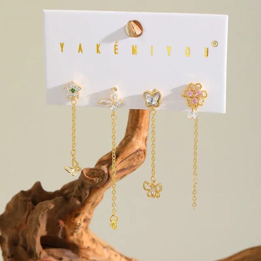 Sweet Butterfly Flower Stud Earrings Set Copper Plated 14K Gold Embedded Zirconia Casual Birthday Date Selfie Festive Gold Tone