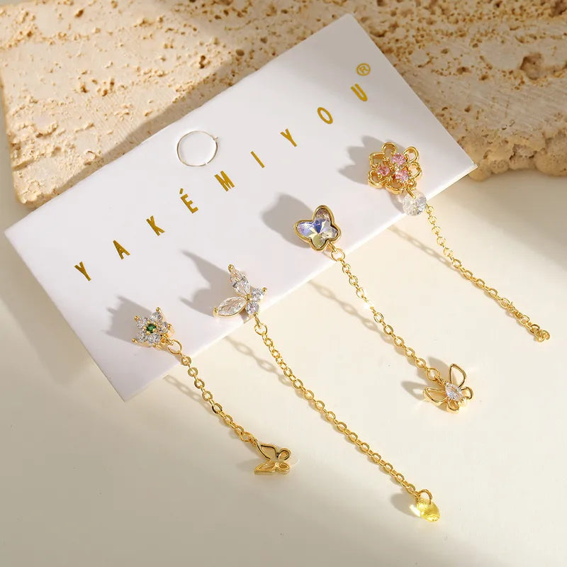 Sweet Butterfly Flower Stud Earrings Set Copper Plated 14K Gold Embedded Zirconia Casual Birthday Date Selfie Festive Gold Tone