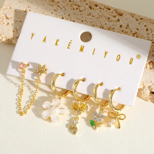 Sweet Butterfly Knot Earring Set With Embedded Zircon Flowers Copper Plated 14K Gold Women's Fashion Jewelry Accessories