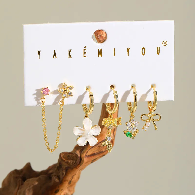 Sweet Butterfly Knot Earring Set With Embedded Zircon Flowers Copper Plated 14K Gold Women's Fashion Jewelry Accessories