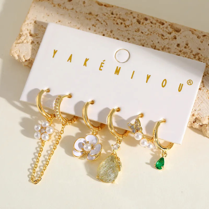 Sweet Elegant Copper Plated 14K Gold Embedded Zircon Flower Drop Earrings Set Shiny Polished Finish For Casual Birthday Party Date Selfie Festival