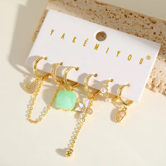 Sweet Elegant Copper Plated 14K Gold Embedded Zirconia Tulip Heart Shaped Earrings Women's Fashion Jewelry Accessory Set