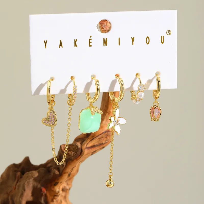 Sweet Elegant Copper Plated 14K Gold Embedded Zirconia Tulip Heart Shaped Earrings Women's Fashion Jewelry Accessory Set