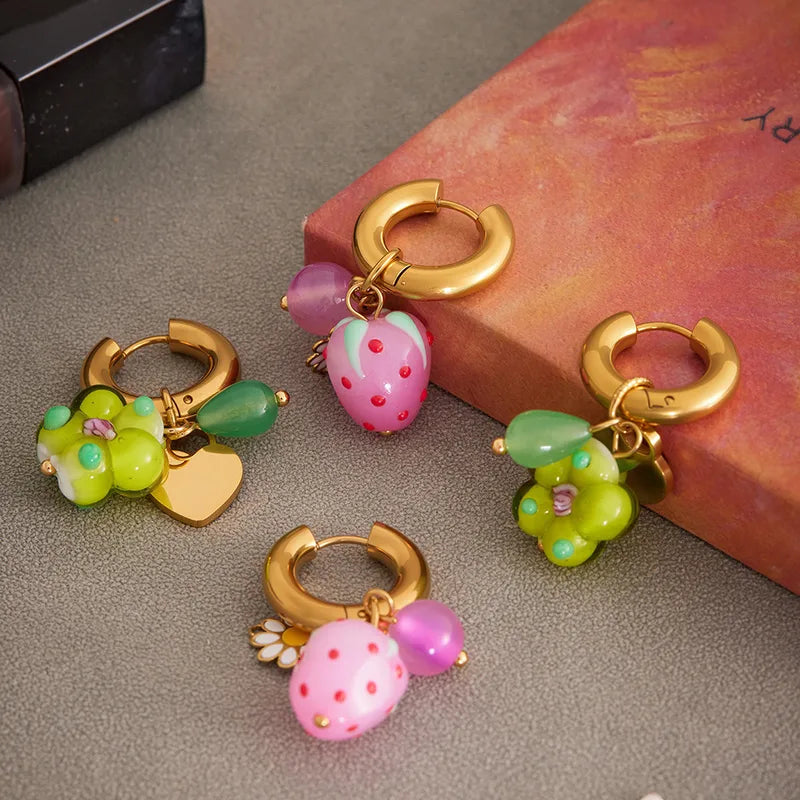 Sweet Resin Love Heart Agate Pendant Earring Circle Click Clasp Simple Stylish Stainless Steel Ear Jewelry Non-fading For Women