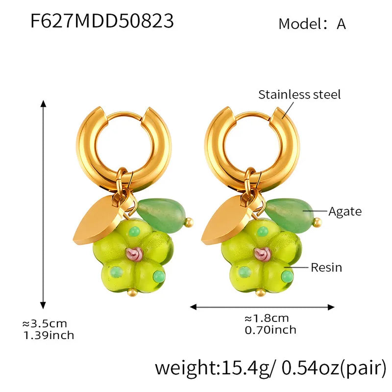 Sweet Resin Love Heart Agate Pendant Earring Circle Click Clasp Simple Stylish Stainless Steel Ear Jewelry Non-fading For Women