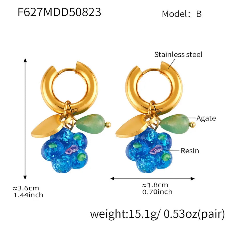 Sweet Resin Love Heart Agate Pendant Earring Circle Click Clasp Simple Stylish Stainless Steel Ear Jewelry Non-fading For Women
