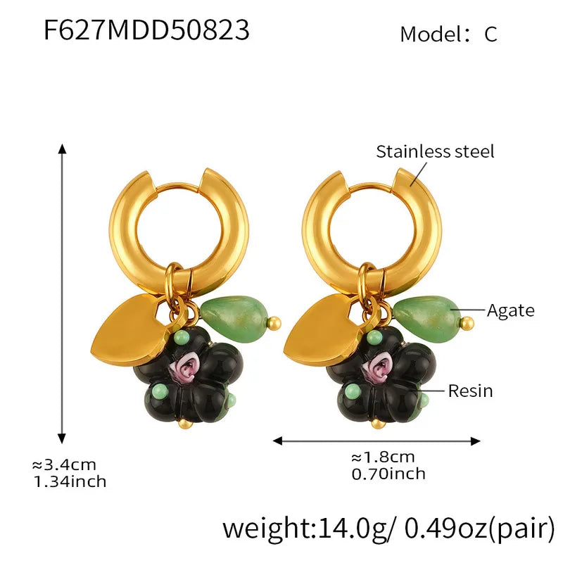 Sweet Resin Love Heart Agate Pendant Earring Circle Click Clasp Simple Stylish Stainless Steel Ear Jewelry Non-fading For Women