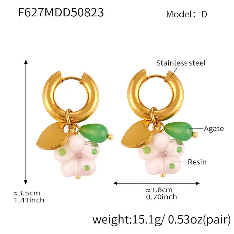 Sweet Resin Love Heart Agate Pendant Earring Circle Click Clasp Simple Stylish Stainless Steel Ear Jewelry Non-fading For Women