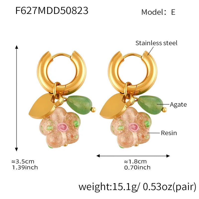 Sweet Resin Love Heart Agate Pendant Earring Circle Click Clasp Simple Stylish Stainless Steel Ear Jewelry Non-fading For Women