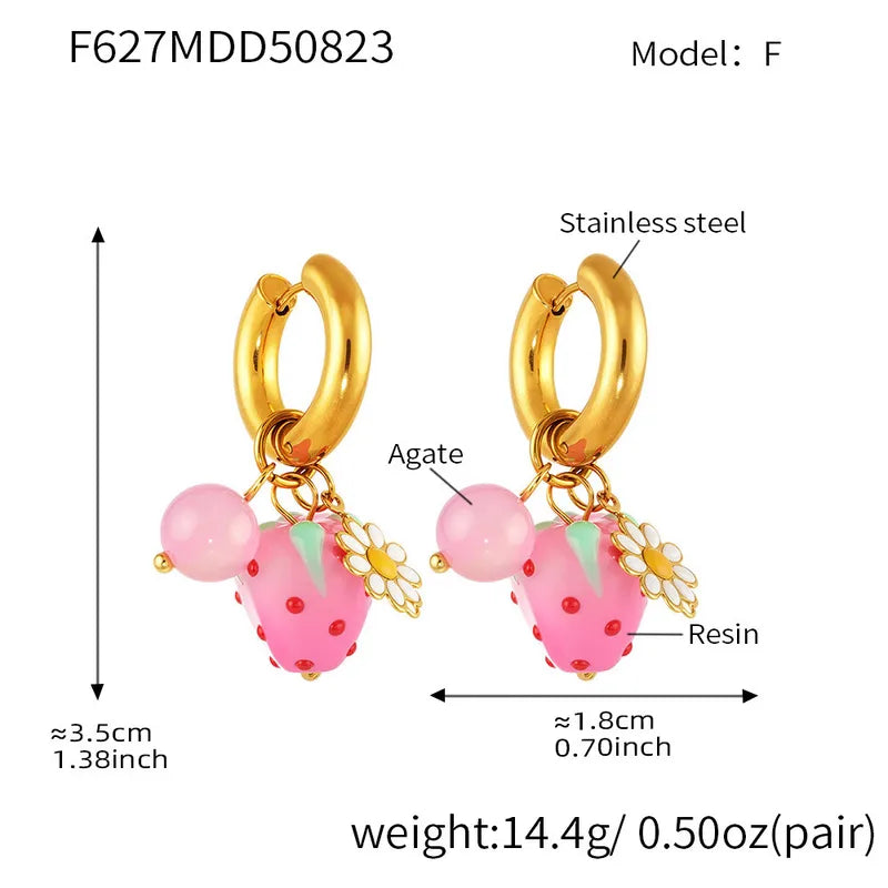 Sweet Resin Love Heart Agate Pendant Earring Circle Click Clasp Simple Stylish Stainless Steel Ear Jewelry Non-fading For Women