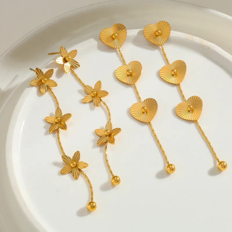 Tassel Heart-Shaped Flower Vacuum Electroplating (In Furnace) 304 Stainless Steel No Inlay Material Plated 18K Real Gold Earrings