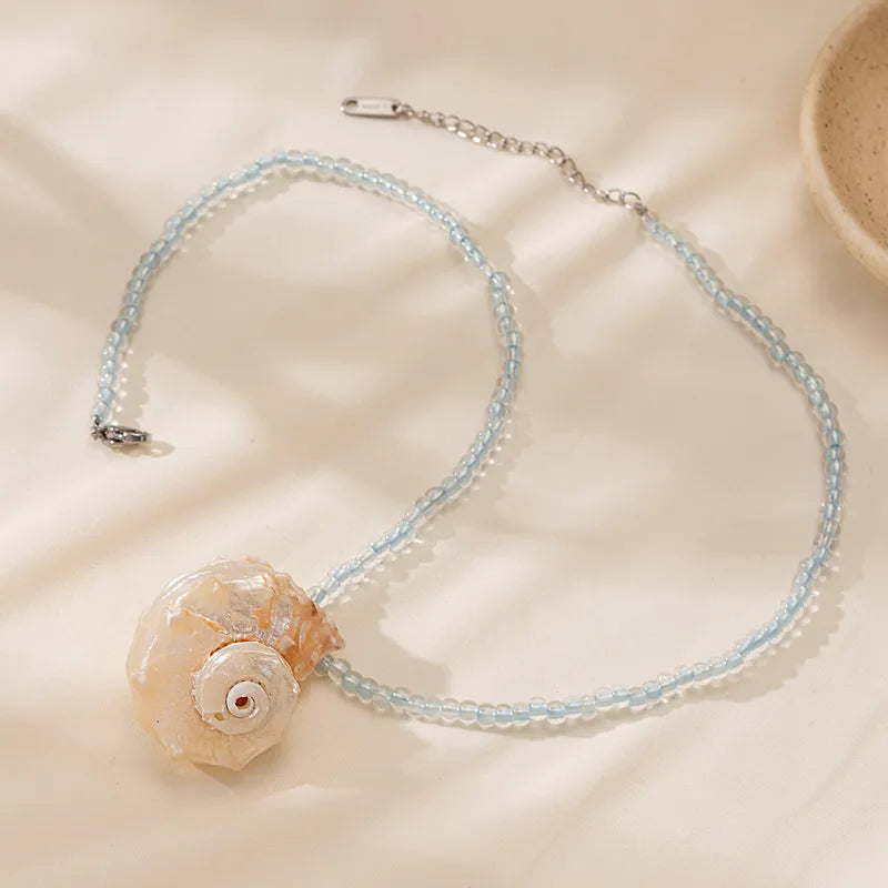 Titanium Steel Beaded Necklace Non-Fading Ocean Beach Natural Seashell Clavicle Chain Jewelry Trendy Accessory Beach Theme