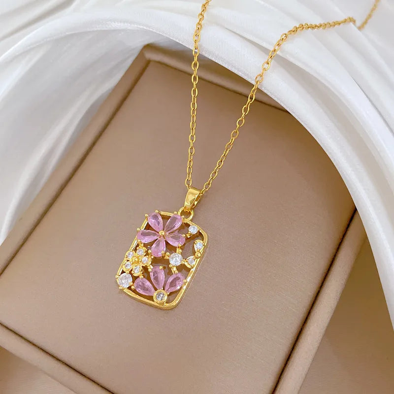 Titanium Steel Diamond Encrusted Floral Hollow Block Necklace Women's Versatile Choker Elegant Classic Style Jewelry Accessory