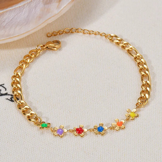Titanium Steel Gold Plated Oil Drop Flower Bracelet For Women Non-Fading Colorful NK Chain Jewelry Accessories