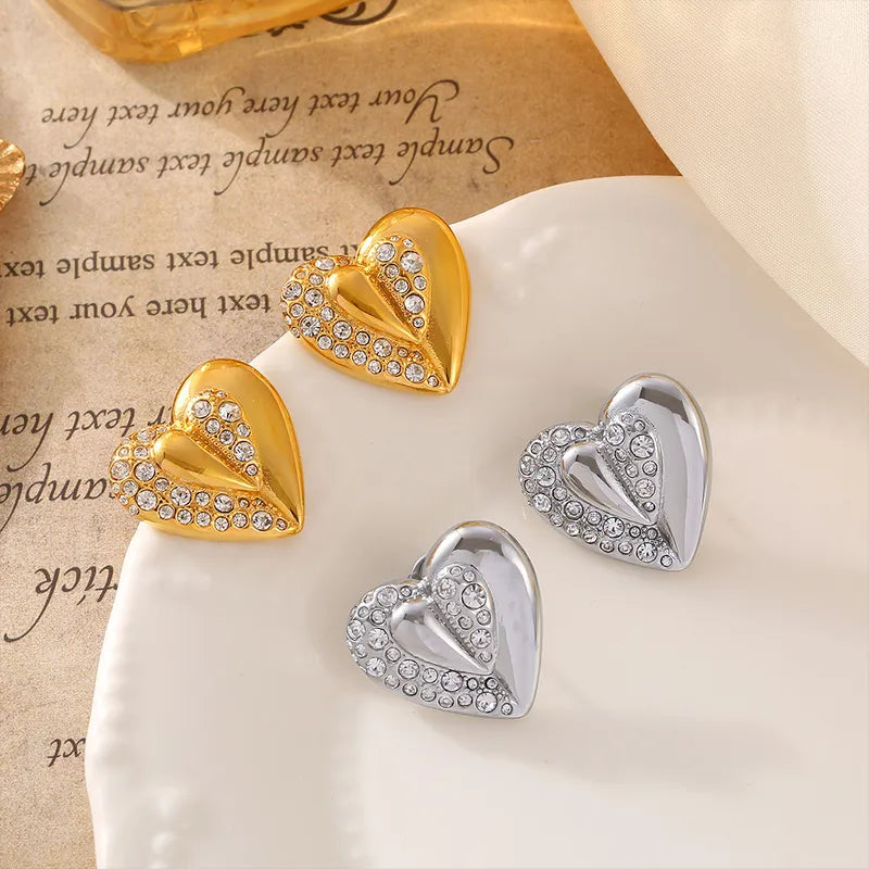 Titanium Steel Heart Shaped Stick-On Rhinestone Earrings Vintage Stainless Steel PVD Style Women's Jewelry