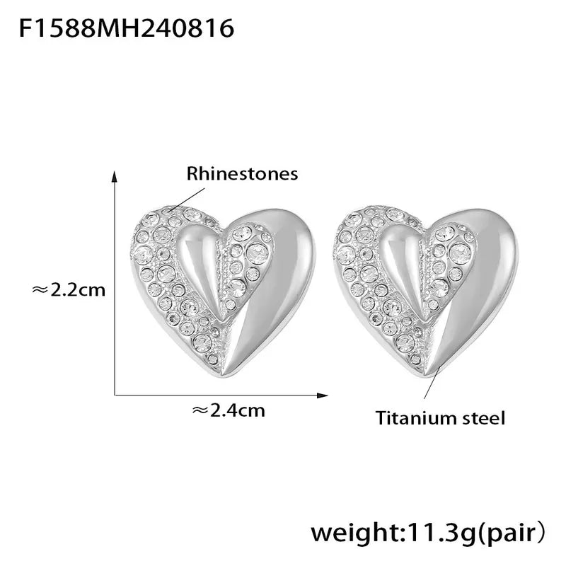 Titanium Steel Heart Shaped Stick-On Rhinestone Earrings Vintage Stainless Steel PVD Style Women's Jewelry