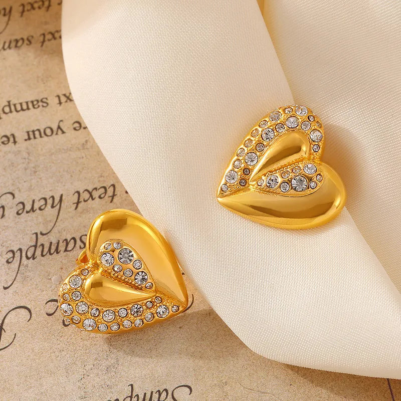 Titanium Steel Heart Shaped Stick-On Rhinestone Earrings Vintage Stainless Steel PVD Style Women's Jewelry