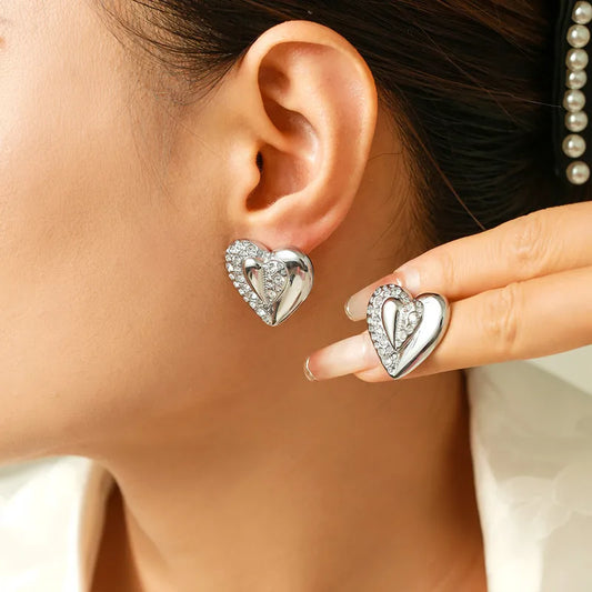 Titanium Steel Heart Shaped Stick-On Rhinestone Earrings Vintage Stainless Steel PVD Style Women's Jewelry