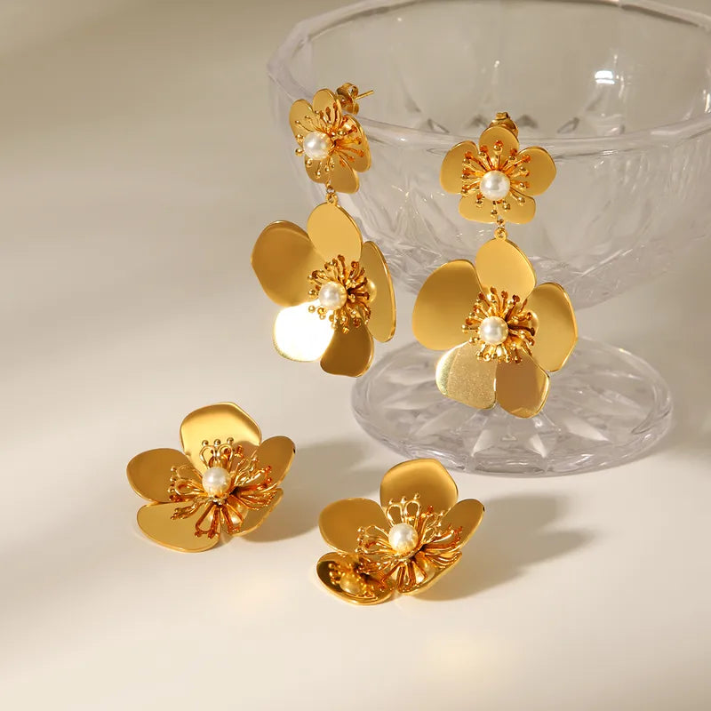 Titanium Steel Jewelry Ins Style Stainless Steel Earrings 18k Gold Flower Pearl Earrings Versatile Elegant Stud Earrings