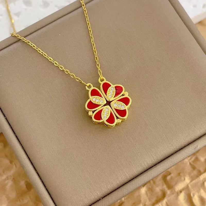 Titanium Steel Lucky Flower Necklace Women's Two-Way Wear Magnetic Lockbone Chain Fashionable Versatile Commuting Accessory