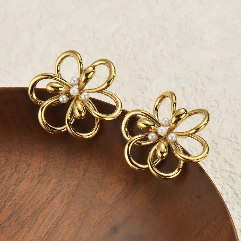 Titanium Steel Rose Gold Earrings For Women Hollow Floral Design Stainless Steel Titanium Metal Earrings Accessories