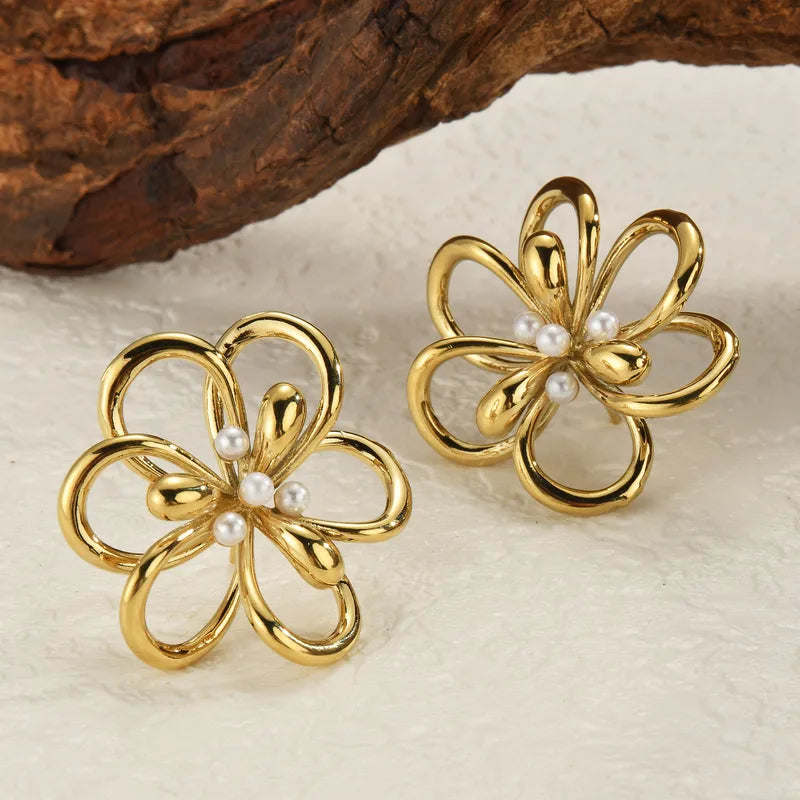 Titanium Steel Rose Gold Earrings For Women Hollow Floral Design Stainless Steel Titanium Metal Earrings Accessories