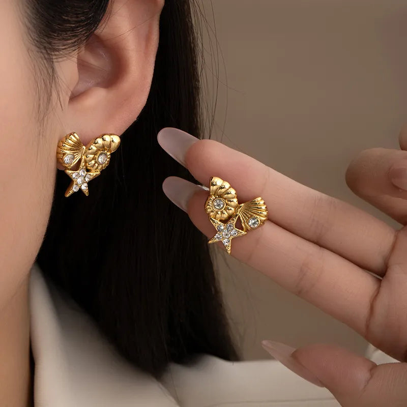 Titanium Steel Star Shell Earrings Unique Design Simple Stainless Steel Stud Earrings Suitable For Beach Vacation