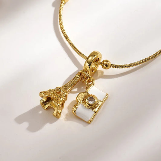 Trend Classic Ins Style Copper Water Plated 18K Real Gold Micro Inlaid Zircon Colorful Oil Drop Suitcase Heart Airplane Camera Beaded Necklace