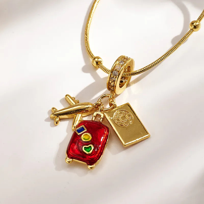 Trend Classic Ins Style Copper Water Plated 18K Real Gold Micro Inlaid Zircon Colorful Oil Drop Suitcase Heart Airplane Camera Beaded Necklace