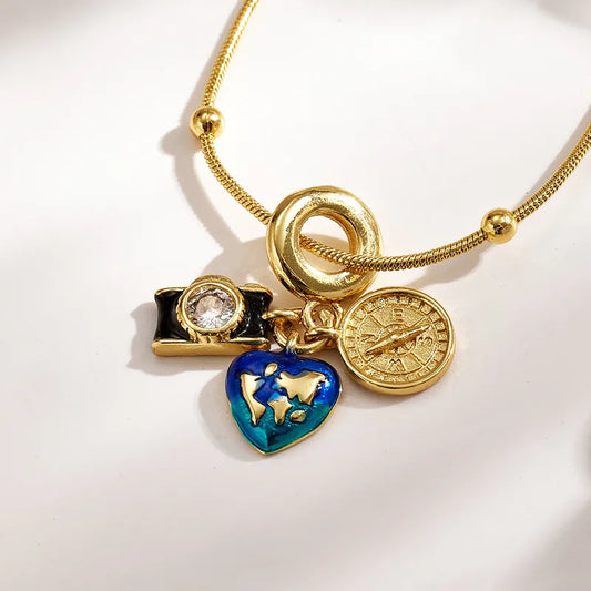 Trend Classic Ins Style Copper Water Plated 18K Real Gold Micro Inlaid Zircon Colorful Oil Drop Suitcase Heart Airplane Camera Beaded Necklace