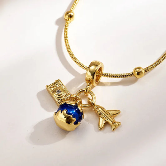 Trend Classic Ins Style Copper Water Plated 18K Real Gold Micro Inlaid Zircon Colorful Oil Drop Suitcase Heart Airplane Camera Beaded Necklace