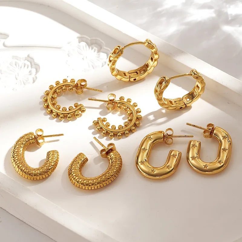 Trendy Fashion Ins Style Gold-Plated Imitation Gold 304 Stainless Steel Simple Star Ball Striped C-Shaped Earrings