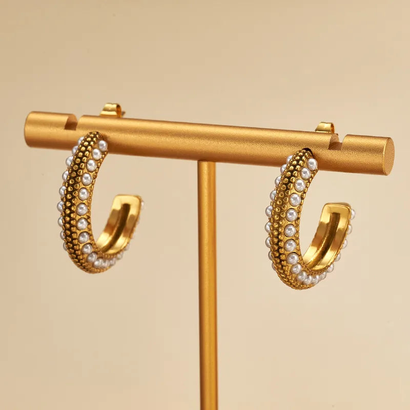 Trendy Fashion Style 304 Stainless Steel Irregular C-Shaped U-Shaped Rhinestone Imitation Pearl Earrings Gold Plated