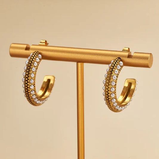 Trendy Fashion Style 304 Stainless Steel Irregular C-Shaped U-Shaped Rhinestone Imitation Pearl Earrings Gold Plated