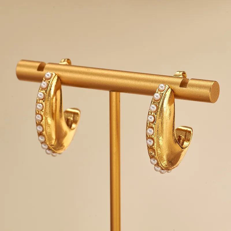 Trendy Fashion Style 304 Stainless Steel Irregular C-Shaped U-Shaped Rhinestone Imitation Pearl Earrings Gold Plated