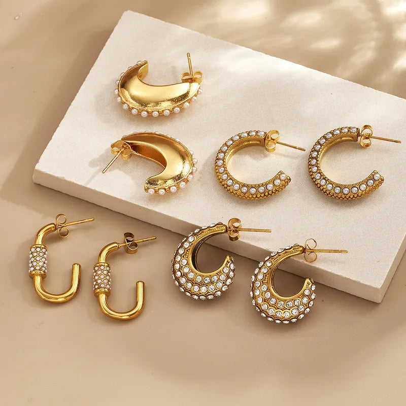 Trendy Fashion Style 304 Stainless Steel Irregular C-Shaped U-Shaped Rhinestone Imitation Pearl Earrings Gold Plated