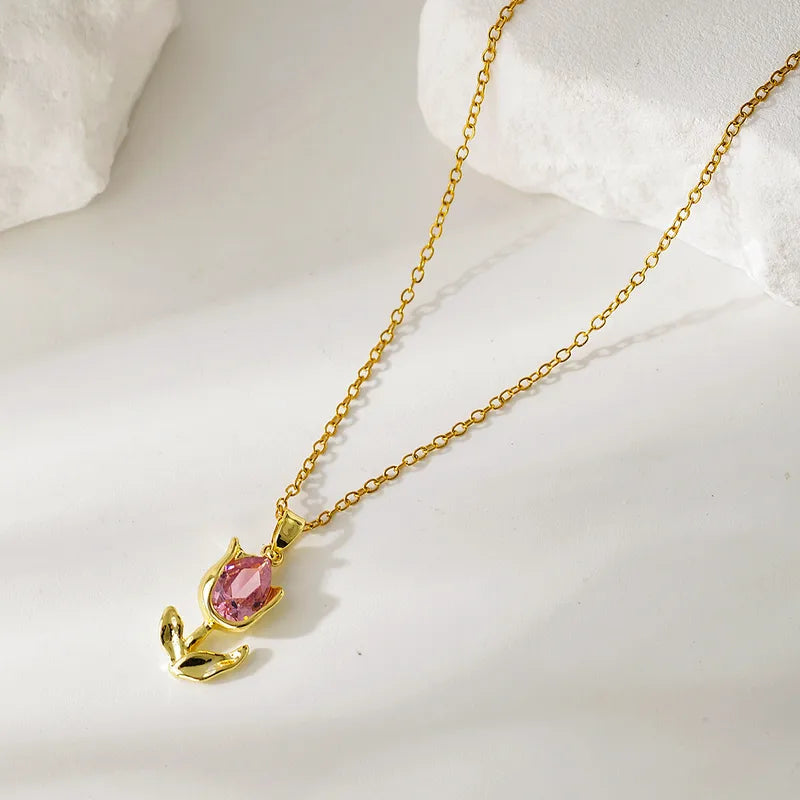 Fashionable Titanium Steel Flower Zircon Necklace Women's Simple Design Elegant Dainty Lockbone Chain Jewelry Accessory