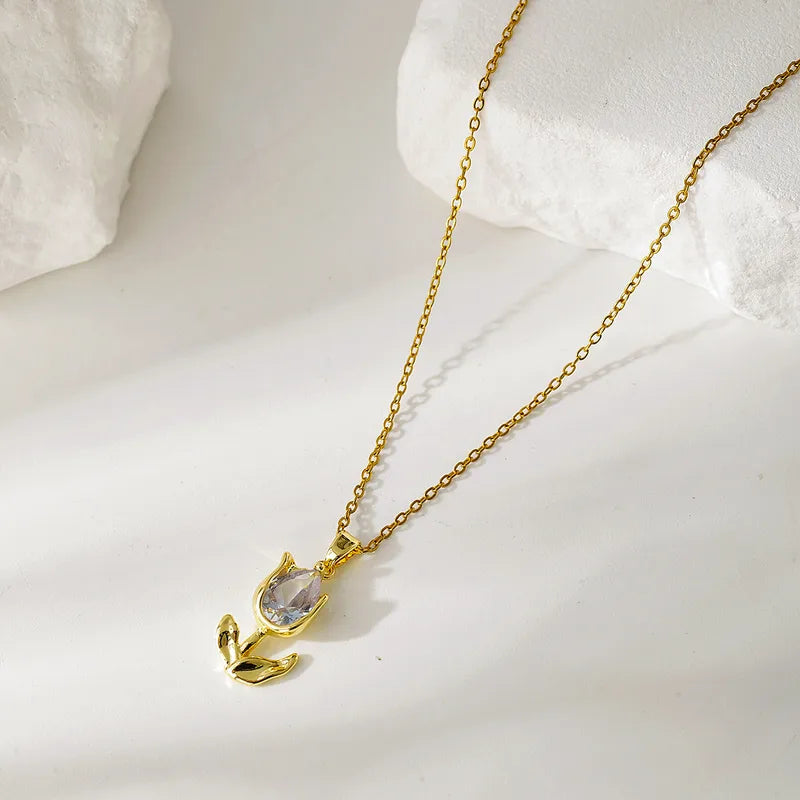 Fashionable Titanium Steel Flower Zircon Necklace Women's Simple Design Elegant Dainty Lockbone Chain Jewelry Accessory