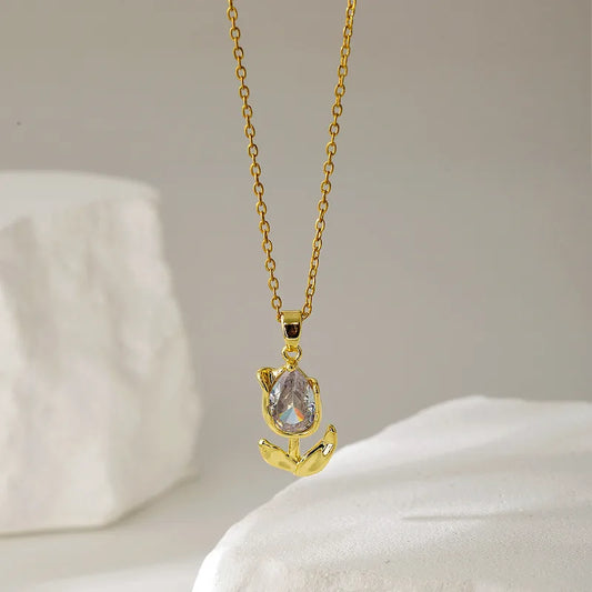 Fashionable Titanium Steel Flower Zircon Necklace Women's Simple Design Elegant Dainty Lockbone Chain Jewelry Accessory